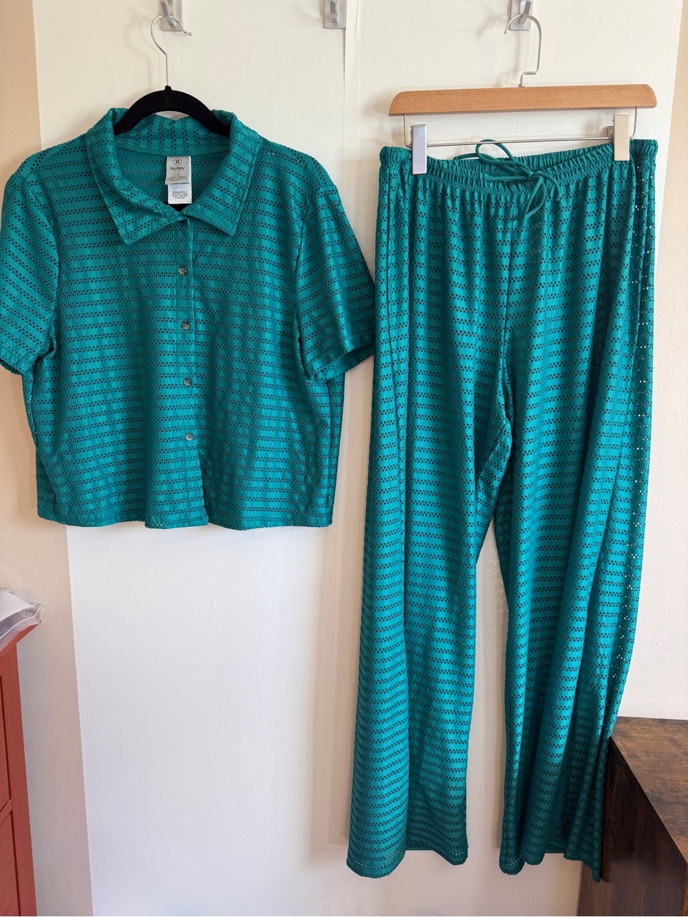 Hurley Matching Set L Teal Crochet Mesh Beach Cover Up Shirt Wide Leg Resort